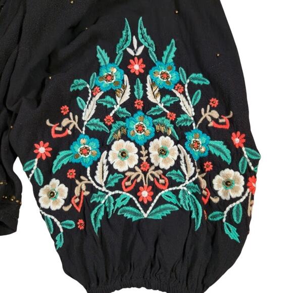 Floreat Anthropologie Embroidered Peasant Top Medium Black Bohemian Whimsigoth - Picture 6 of 11